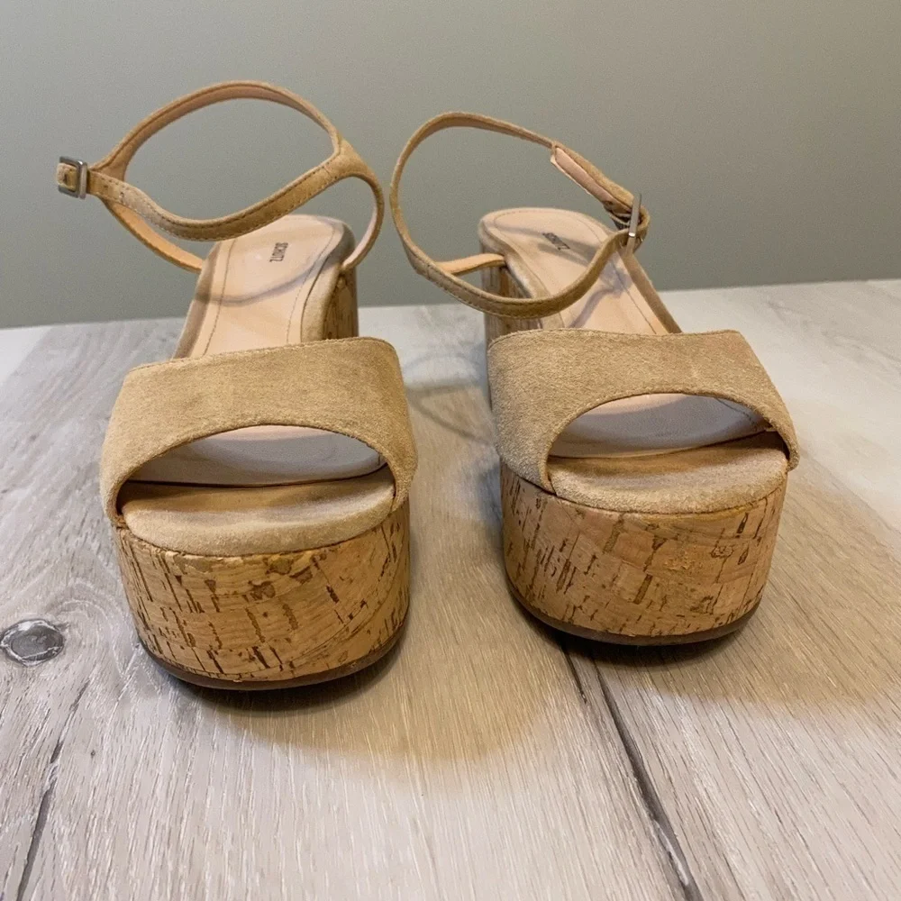 SCHUTZ Tan Cork and Suede Ankle Strap Platform Sandal, Size 8.5B